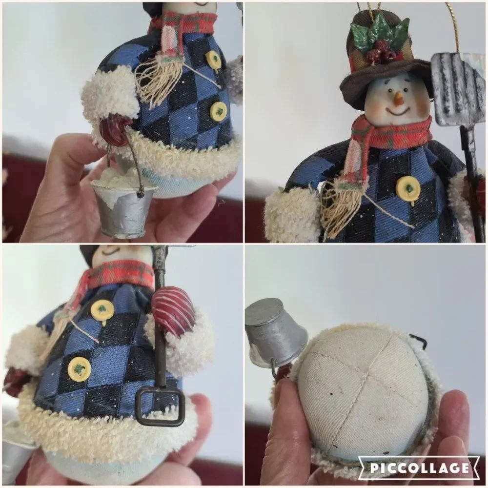 Vintage Fabric Mache Holiday Winter Christmas Ornaments Snowmen & Moose Set of 4